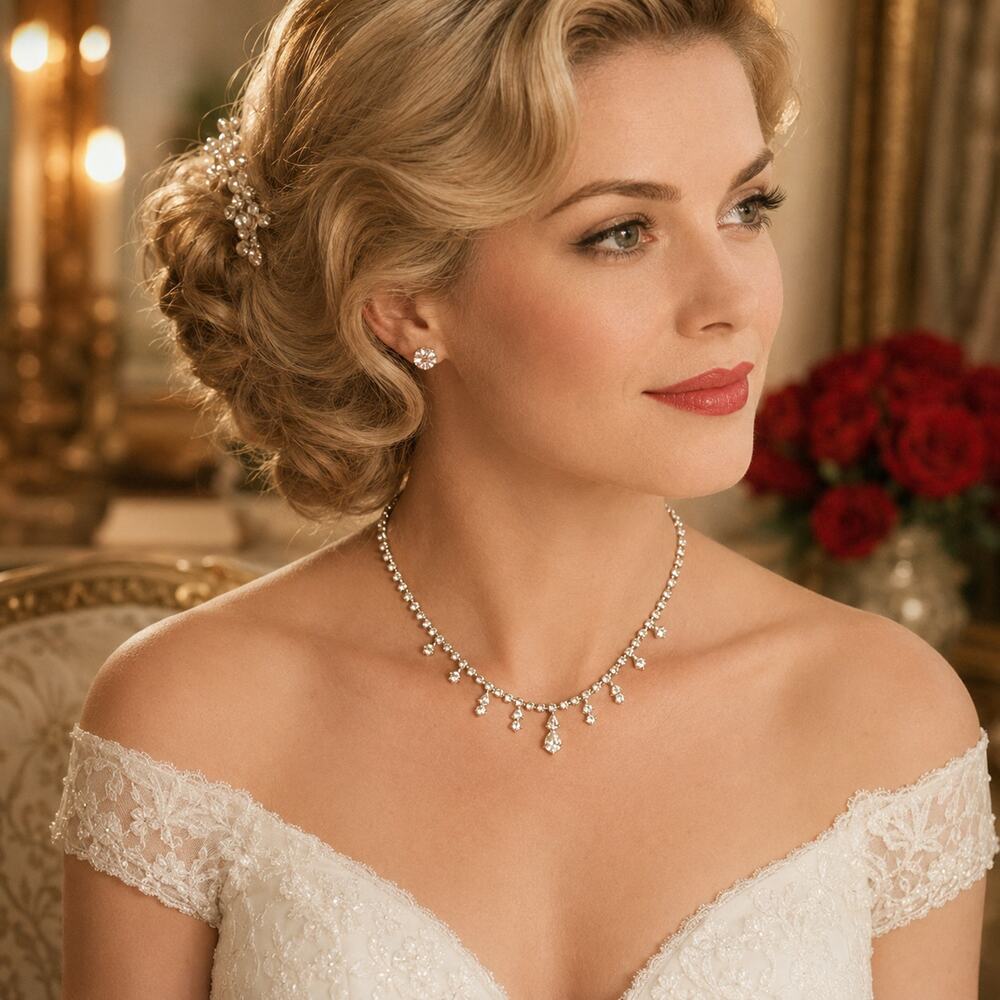 1950s Rhinestone Teardrop Necklace Bridal Choker Silver Tone Mid Century Wedding